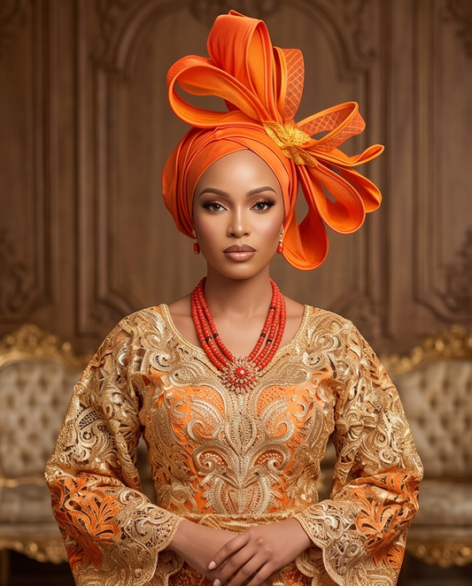 Double Bow Orange Fascinator Turban Elegant Ready Made Headgear