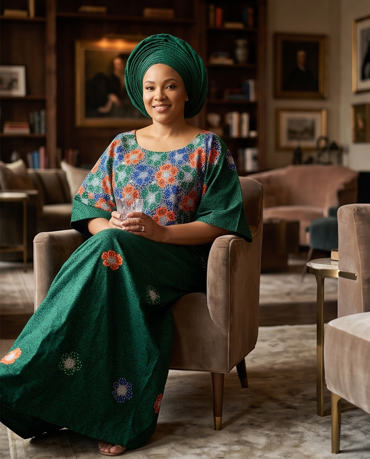 Ready - made  Flower Ankara Dress and Auto Gele