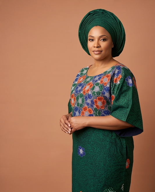 Ready - made  Flower Ankara Dress and Auto Gele
