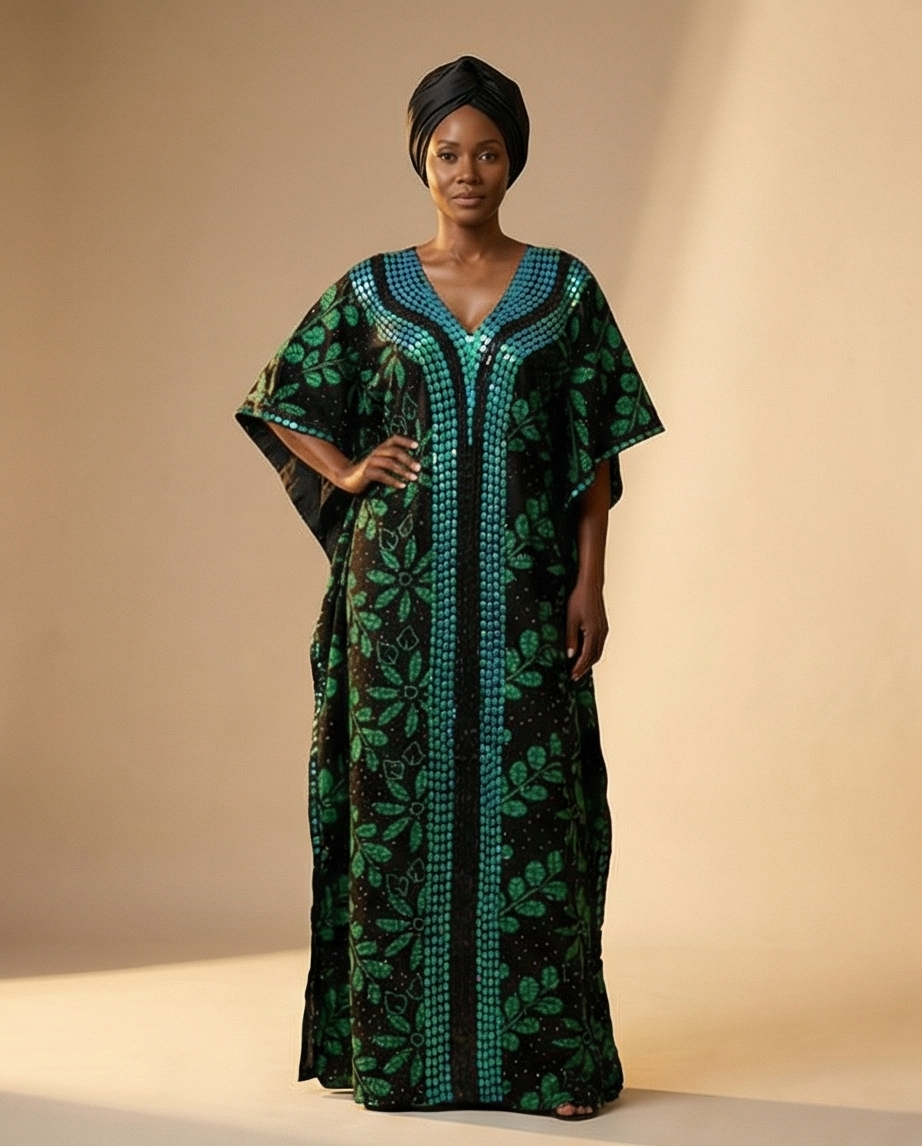A woman modeling a long black kaftan dress with green floral patterns and teal geometric borders, paired with a black headwrap, against a warm beige studio backdrop.