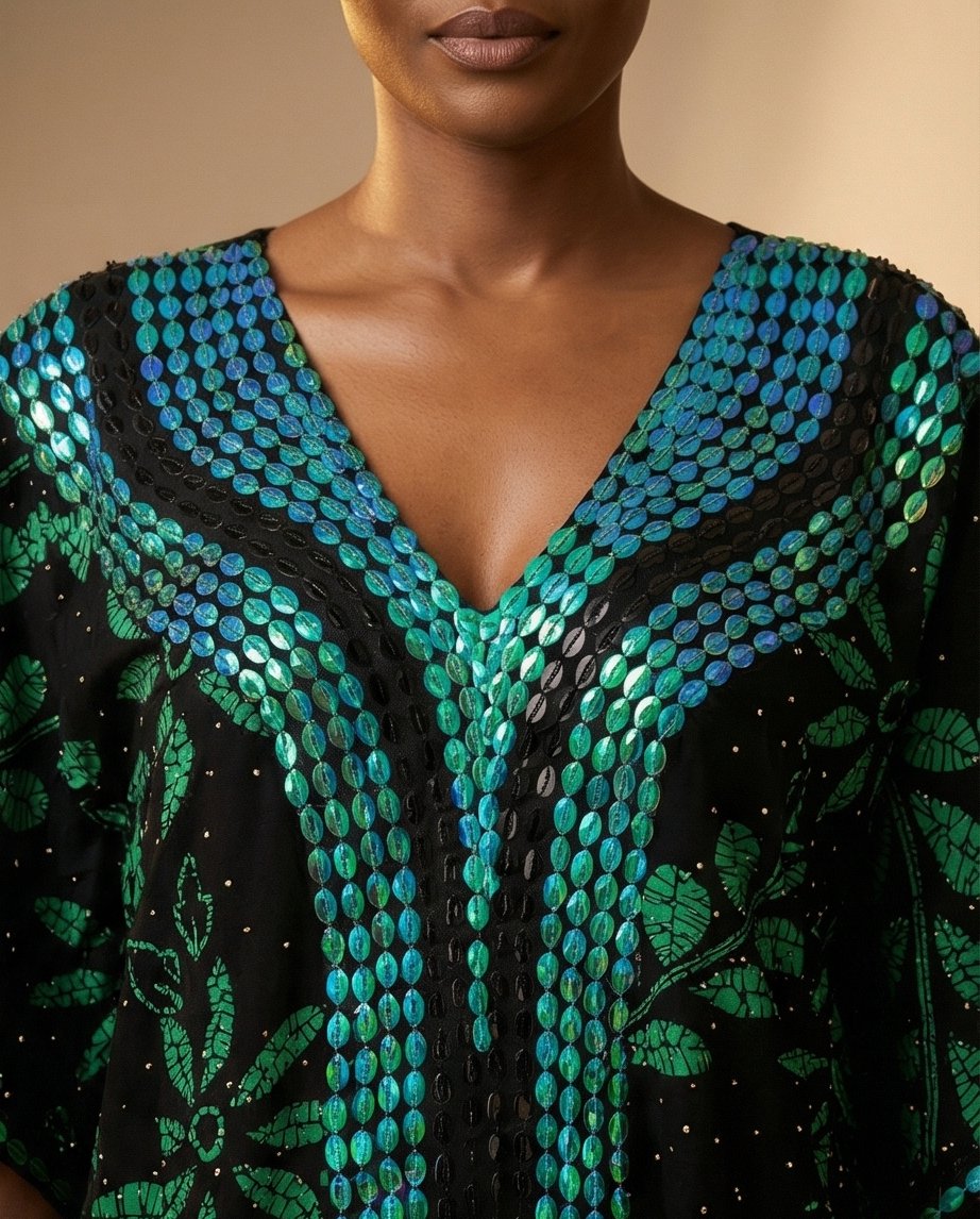 Close-up of a model wearing a black embroidered top with vibrant green and blue sequined patterns and a deep V-neckline.
