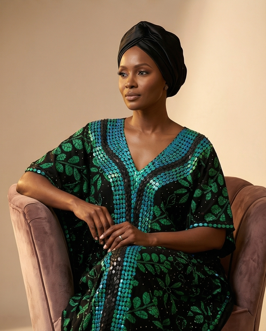 A woman wearing a black and green patterned traditional dress with a matching black headwrap, seated in a dusty pink armchair against a warm beige background.