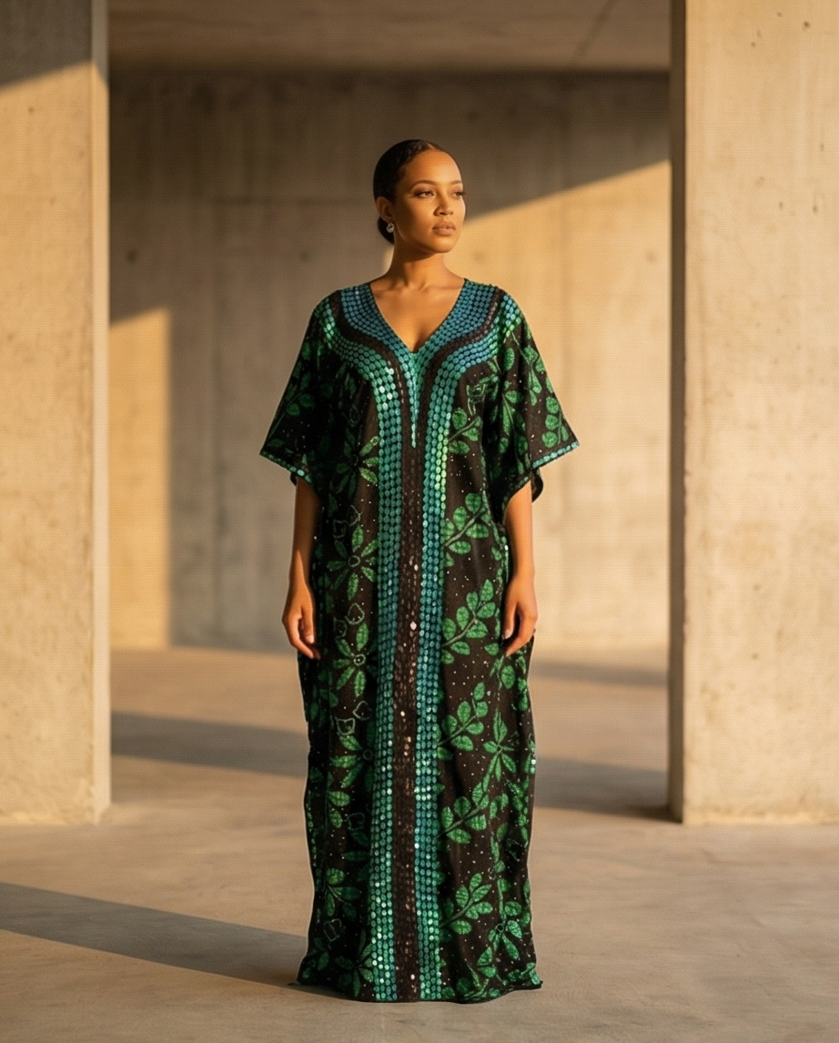 A woman stands in a concrete architectural corridor wearing a long, loose kaftan dress with a green and black leaf pattern and teal sequined trim.