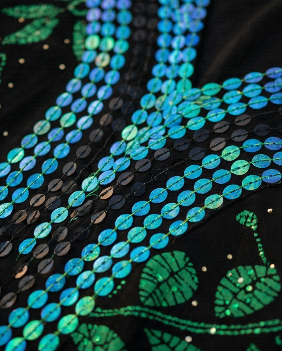 Close-up of a black fabric garment decorated with rows of iridescent blue and green sequins and green leaf motifs.