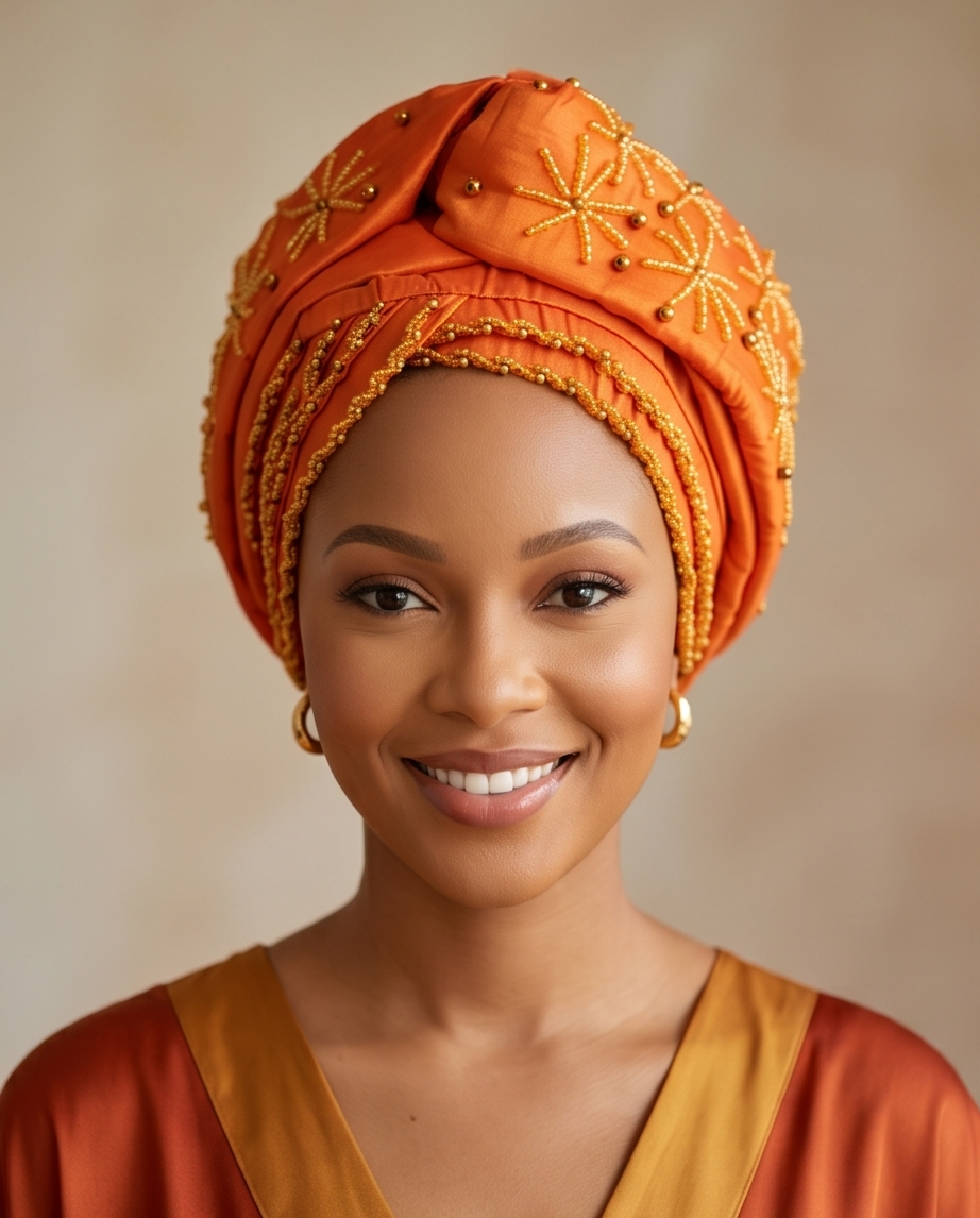 A smiling woman wearing a bright orange traditional headwrap with gold embroidered starburst patterns and gold hoop earrings, set against a soft beige background.