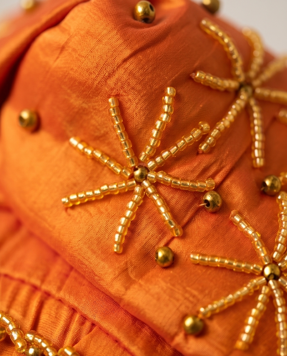 Close-up of an orange fabric item with metallic gold beaded starburst embroidery and small gold beads.