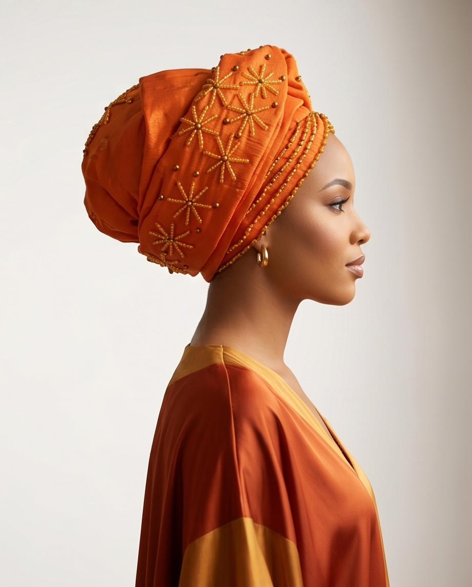 A woman in profile wearing a bright orange traditional headwrap with gold embroidered star patterns and a matching orange and gold top, photographed against a light gray studio background.