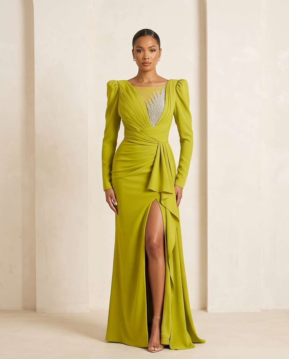 A model wears a floor-length olive green gown with long puff sleeves, a draped wrap-style skirt, and a high thigh slit. The bodice features a sheer mesh yoke with a silver rhinestone feather design, set against a warm beige studio background.