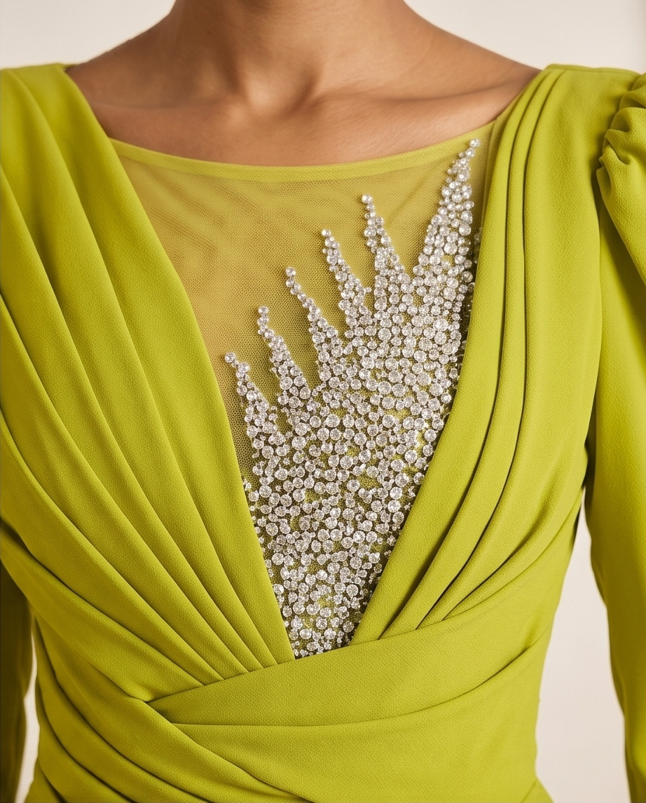 Close-up of a woman wearing a bright yellow-green draped gown with a sheer neckline and a large silver beaded embellishment on the chest.