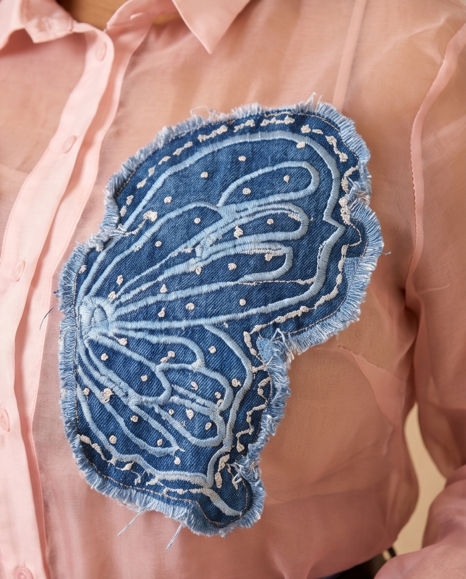 A close-up of a light pink button-down shirt featuring a large, decorative blue denim patch with white embroidery and frayed edges on the chest.