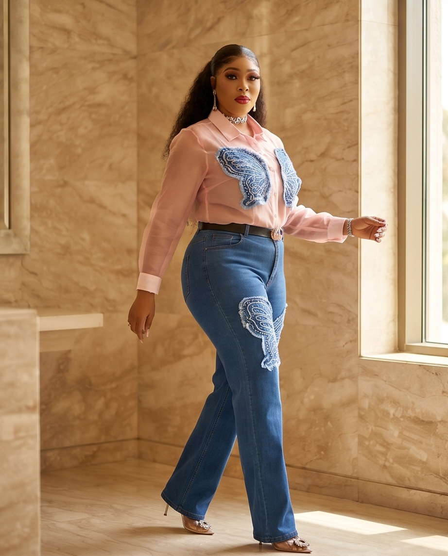 A woman models a light pink sheer long-sleeve blouse with blue embroidered details, paired with blue jeans featuring white embroidery, in a warm, sunlit marble interior.