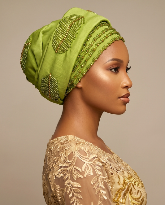 A woman in profile wearing a bright olive green embroidered headwrap with gold leaf-patterned beadwork and a gold embellished top against a plain beige background.