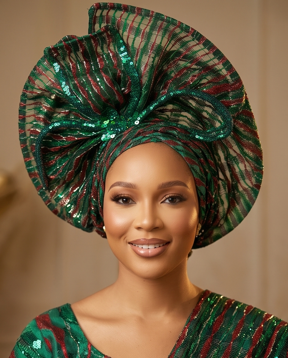 A woman wearing a large, elaborate green sequined headwrap with red and gold striped patterns, paired with a matching green and red sequined top, set against a warm beige background.