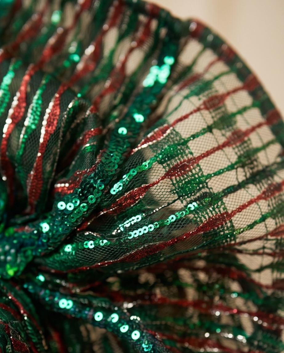 A close-up of a festive sequined mesh bow or decorative fabric piece in green, red, and black, with shiny sequins and sheer tulle layers.