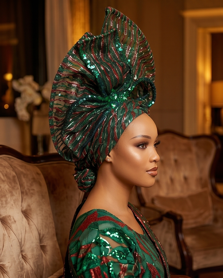 A woman in profile wearing an ornate green sequined headwrap and a matching green and red embellished top, posed in a warm, elegant indoor setting with tufted armchairs.