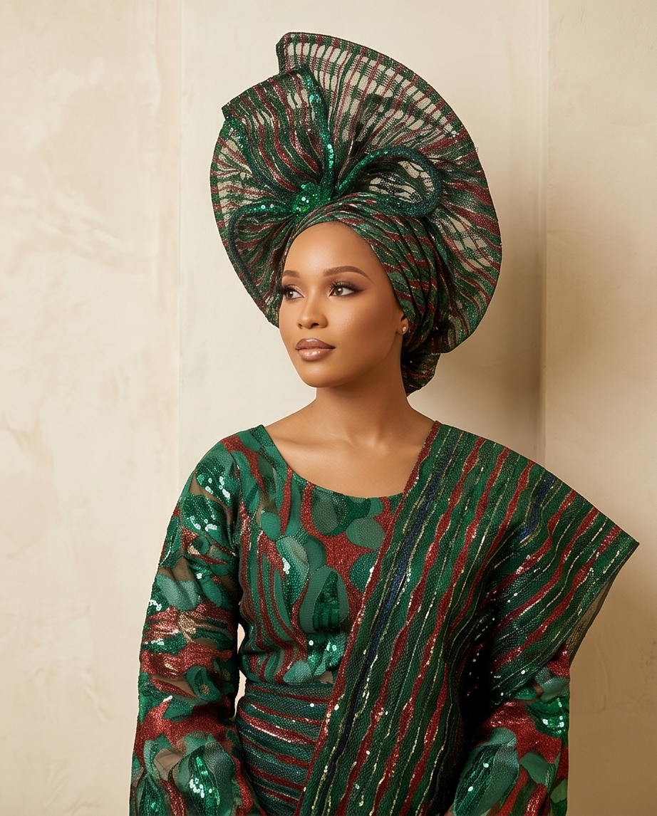 A woman wearing an ornate green and red patterned traditional outfit with a matching large headwrap, posed against a warm beige wall.