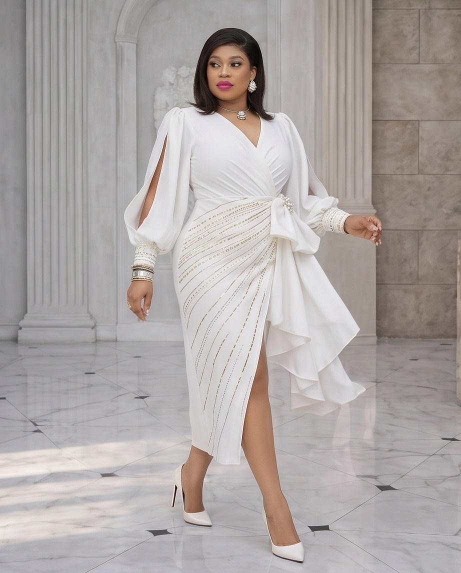A woman models a white wrap-style midi dress with dramatic draped sleeves, side cutouts, and a sheer ruffled overlay, styled with white pointed heels and jewelry in an elegant marble-floored interior with columns.