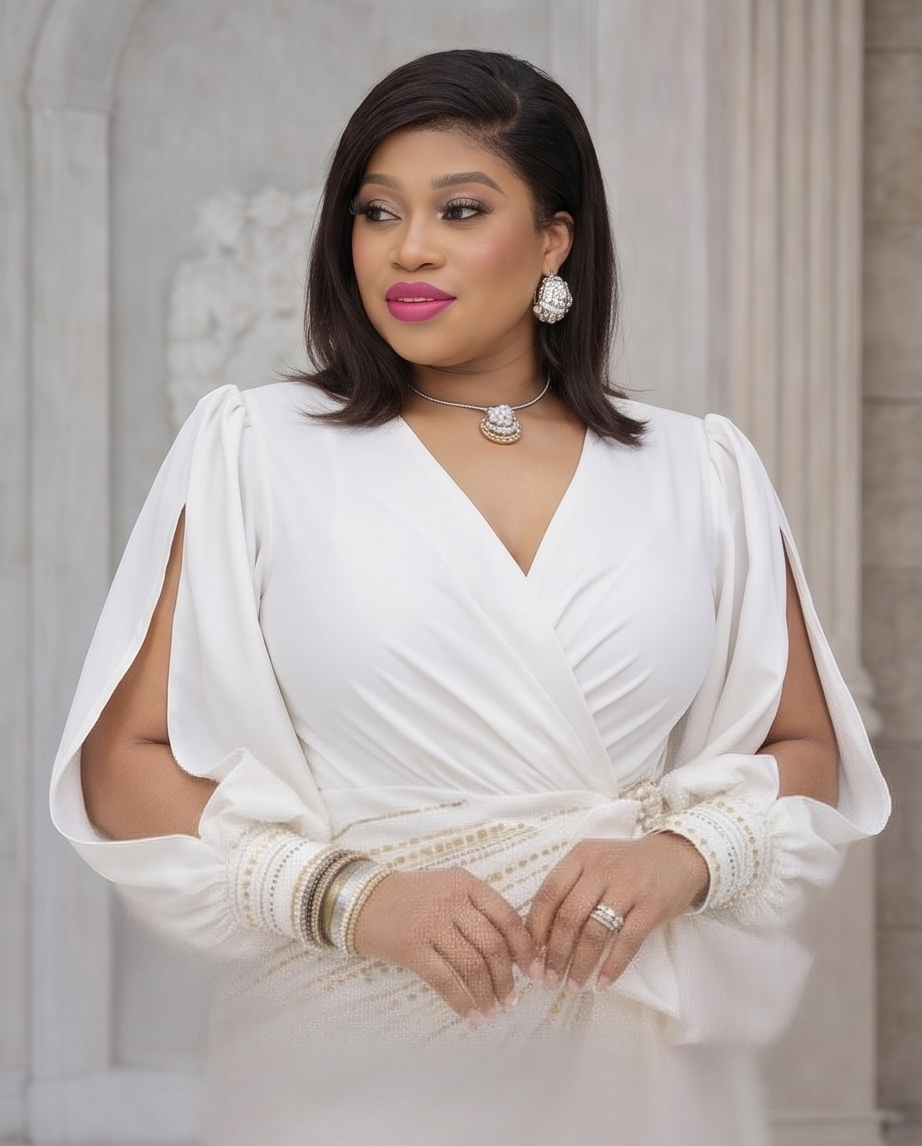 A woman wearing a white wrap-style dress with dramatic puffed sleeves and cutout shoulders, styled with statement jewelry, photographed against a soft light gray stone architectural background.