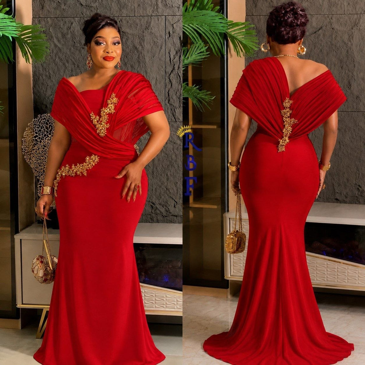 A red off-the-shoulder mermaid gown with gold embroidered details, shown in a front and back view on a model in an indoor setting.