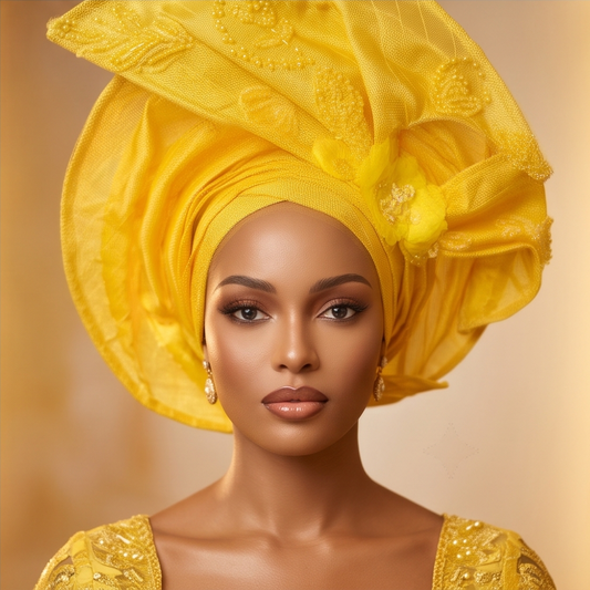 Autogele : Yellow African Gele, Ready -to-wear Headtie, Adjustable wedding Headgear