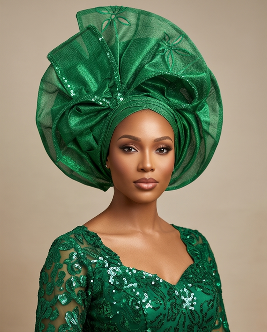 Nigeria Green Auto Gele Head Tie, Ready Made Aso Oke Headband