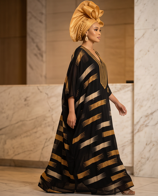 A woman wearing a flowing black caftan with bold gold striped patterns and a matching gold headwrap, standing in a marble-walled interior.