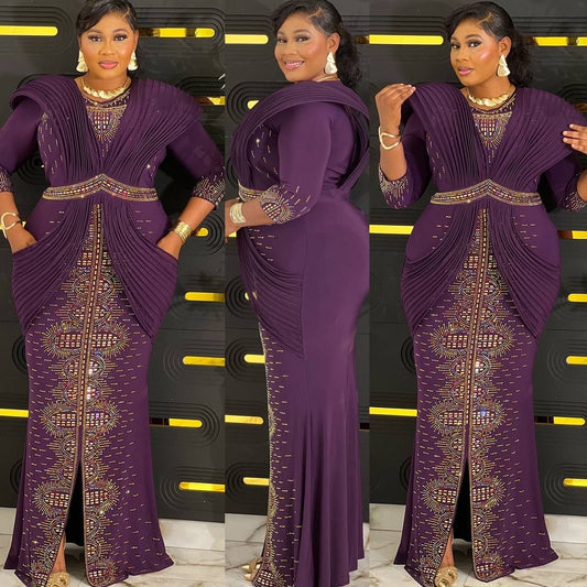 A woman modeling a floor-length purple gown with pleated draped detailing, a high slit, and ornate gold and multicolor beaded geometric patterns down the front and sleeves, shown in three poses against a black background with yellow horizontal light bars.