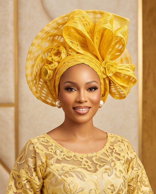 Ready Made Aso Oke Auto Gele Yellow Rich Auntie Auto Gele.