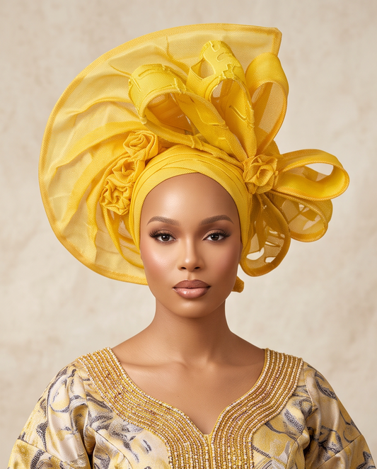 Yellow Aso Oke Auto Gele, African Wedding Headband