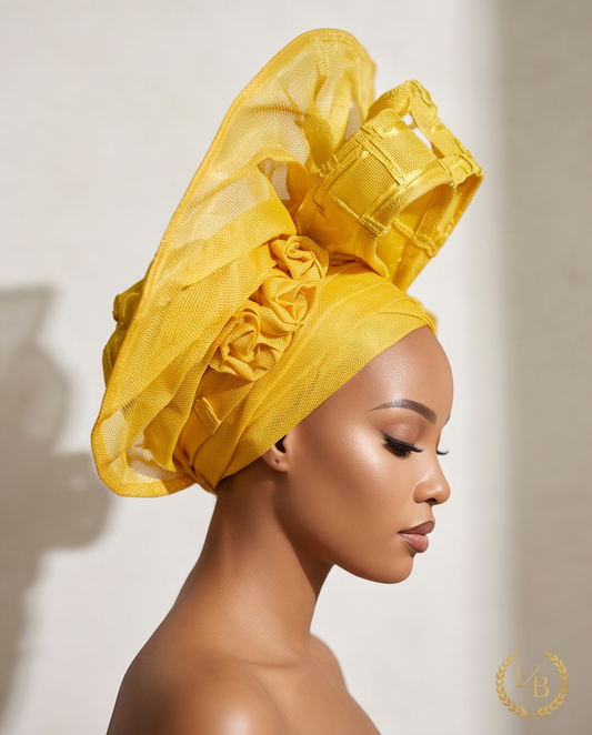 Yellow Aso Oke Auto Gele, African Wedding Headband