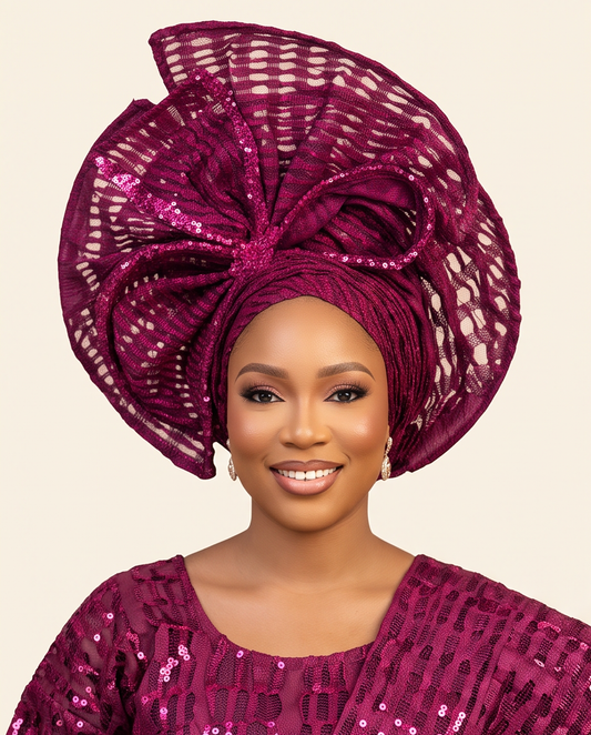 Ready Made Magenta Net Aso Oke Auto Gele, Rich Auntie Embellished Headband