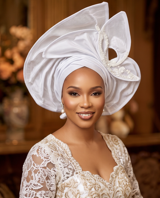 African Ready made Auto Gele, Elegant White Aso Oke Headgear