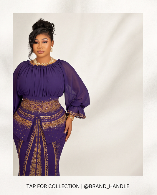 A woman models a purple and gold traditional-style dress with sheer puff sleeves, a pleated bodice, and ornate gold embroidery, posed against a light beige studio background with decorative shadows.