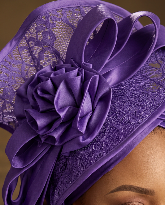 A close-up of a model wearing a purple lace and satin fascinator headpiece with a large fabric rose and ribbon loops.