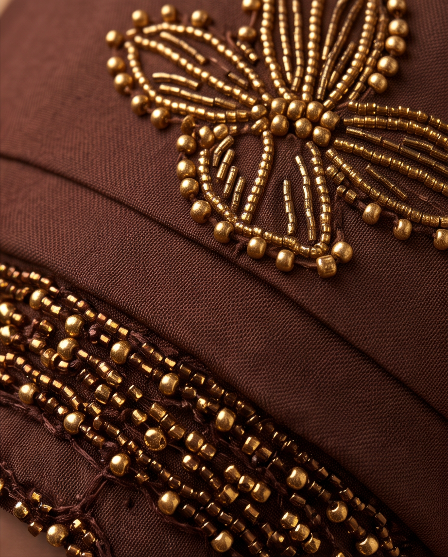 Close-up of a dark brown fabric item featuring intricate metallic gold beaded embroidery and beadwork.