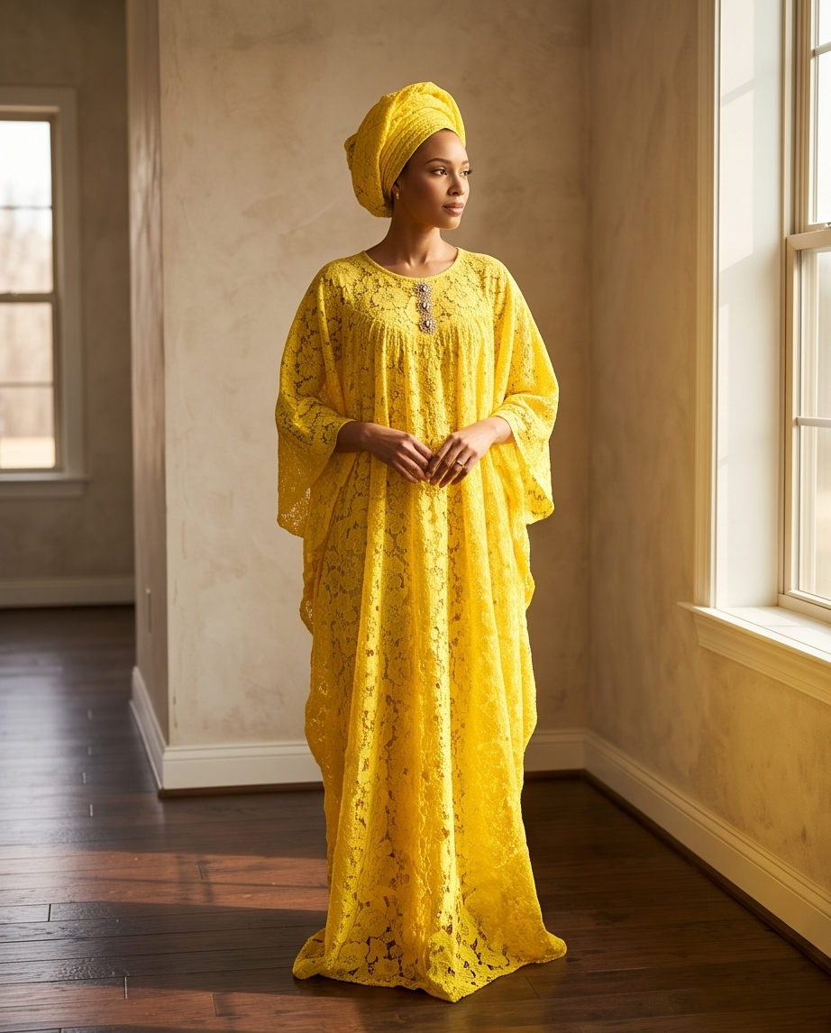 A woman wearing a bright yellow embroidered kaftan dress and matching headwrap stands in a sunlit room with beige walls and dark wood floors.