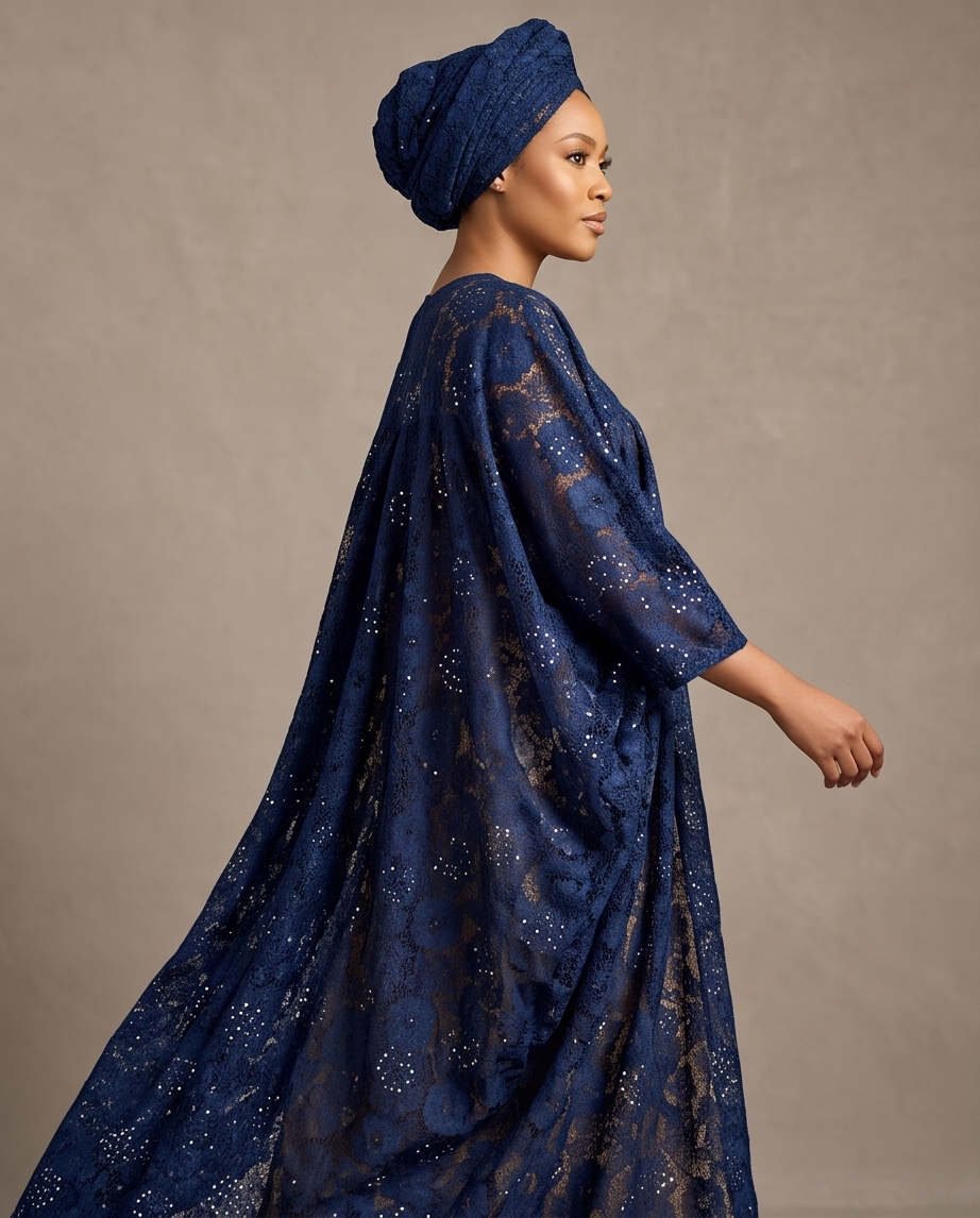 A woman in profile wearing a flowing navy blue lace kaftan dress with metallic gold floral embroidery and a matching navy blue headwrap, posed against a neutral textured gray studio backdrop.