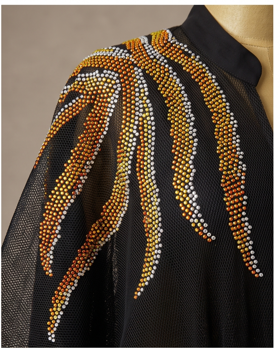 Black sheer mesh jacket with dramatic beaded feather-like embellishments in gold, orange, and white on a mannequin torso.
