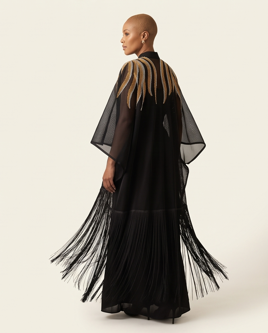 A model shown from the back wearing a black sheer cape-style dress with gold embroidered feather-like details on the shoulders and a long black fringe hem, against a plain light beige studio background.