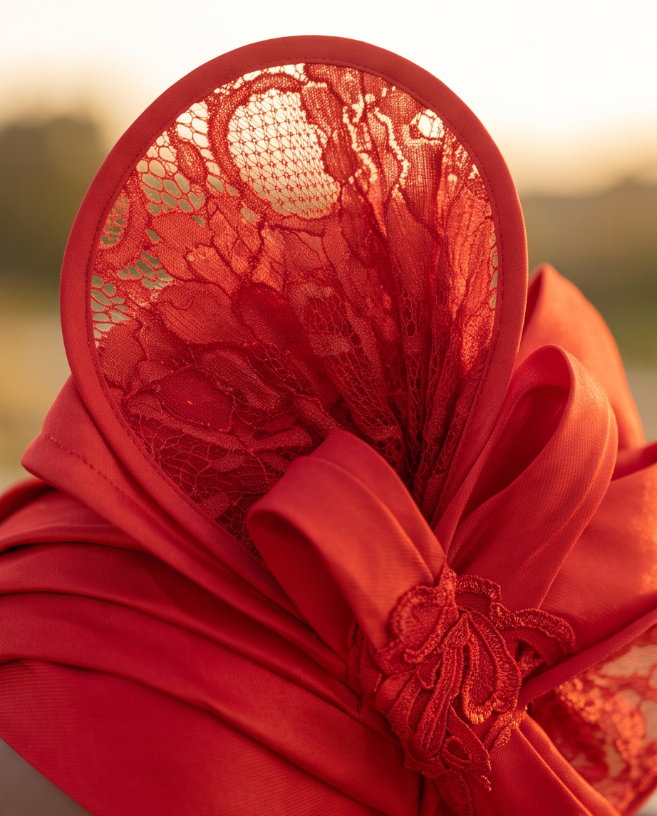 A close-up of a bright red sun hat featuring a large bow, red satin fabric, and intricate red lace detailing, set against a softly blurred outdoor background.