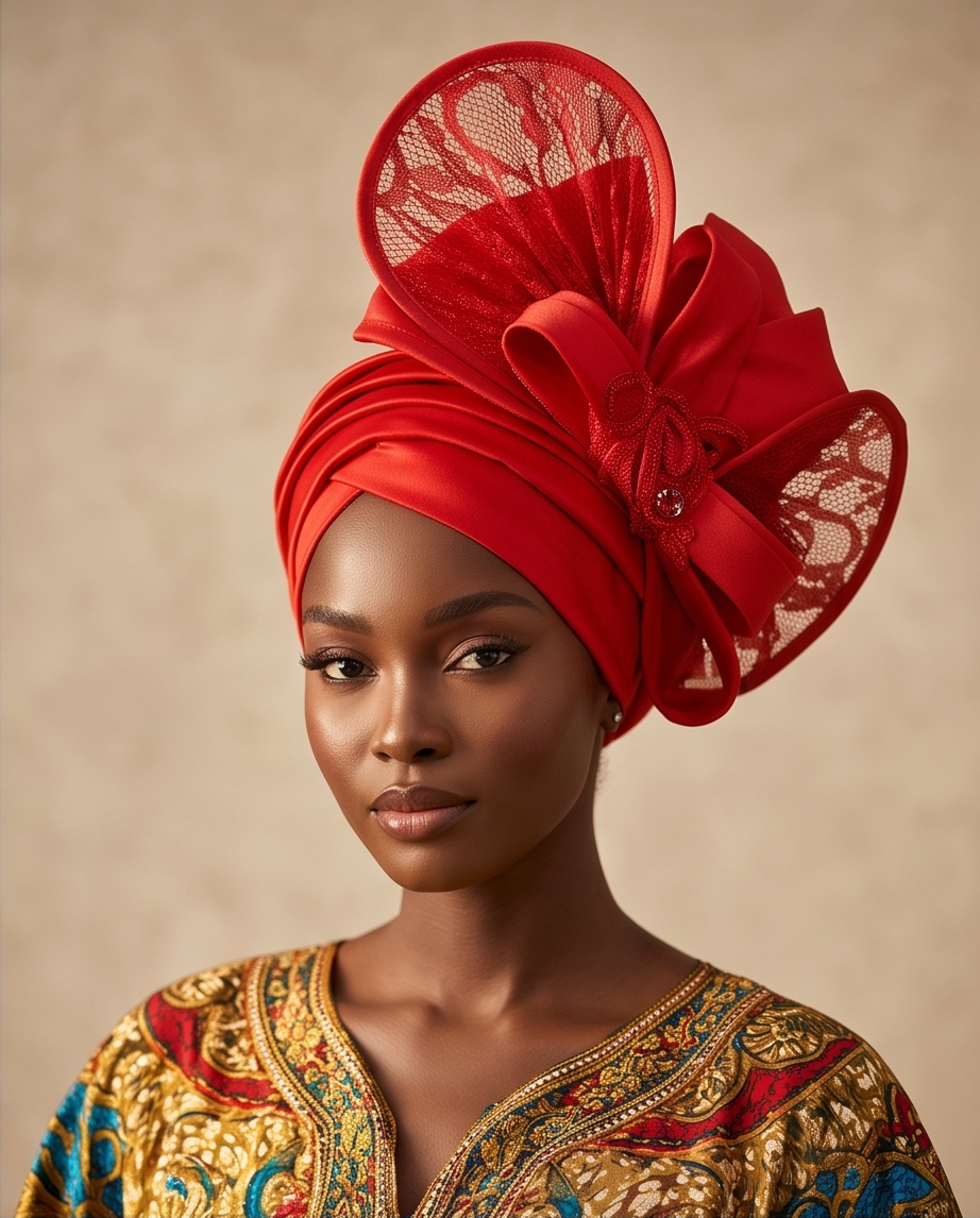 A woman wearing an elaborate bright red African gele headwrap with lace panels and a large bow, paired with a gold embroidered top, set against a warm beige background.