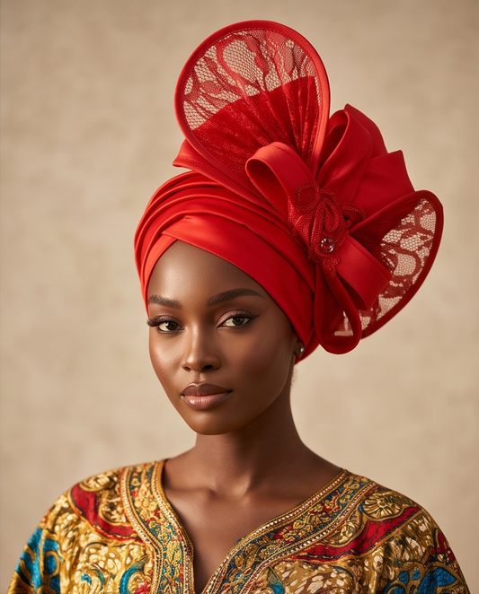 A woman wearing an elaborate bright red African gele headwrap with lace panels and a large bow, paired with a gold embroidered top, set against a warm beige background.