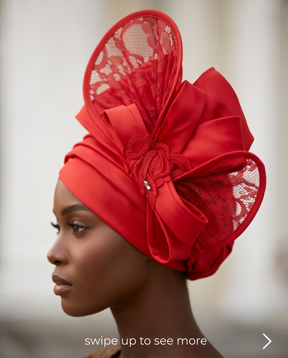 A woman in profile wearing an elaborate bright red headwrap with large fabric bows, lace panels, and a small rhinestone accent, set against a softly blurred light background.
