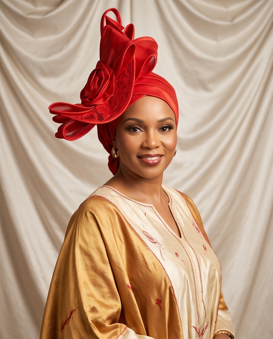 A woman wearing a traditional outfit with a shiny gold kaftan and a large red fabric headwrap with a matching decorative hat, posed against a draped cream-colored fabric backdrop.
