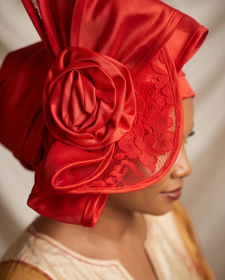 A close-up side profile of a woman wearing a vibrant red satin and lace headwrap or hat with a large rosette flower detail.