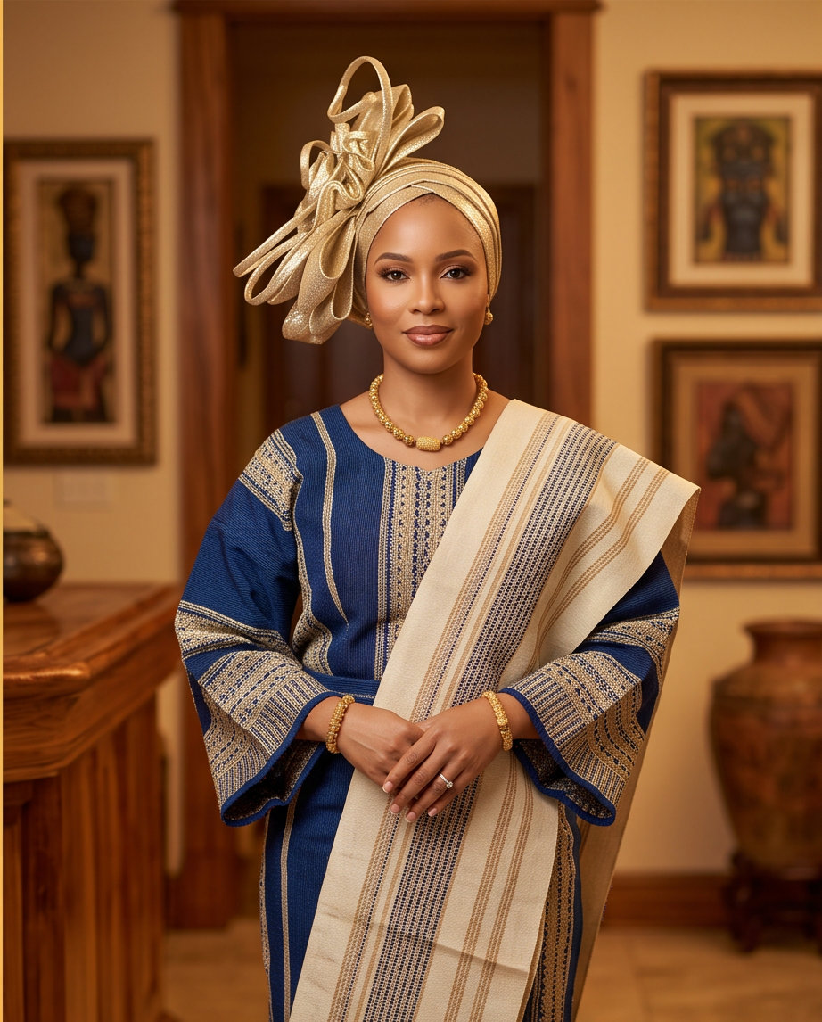 A woman wearing traditional African attire, featuring a blue and beige patterned dress, a matching beige headwrap with a large bow, and gold jewelry, standing in a warmly lit indoor setting with framed art.