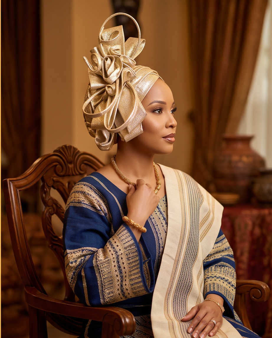 A woman seated in an ornate wooden chair wearing a richly detailed traditional outfit with a large metallic gold headpiece, blue and beige patterned fabric, and a cream draped sash, set against a warm, elegant interior background.