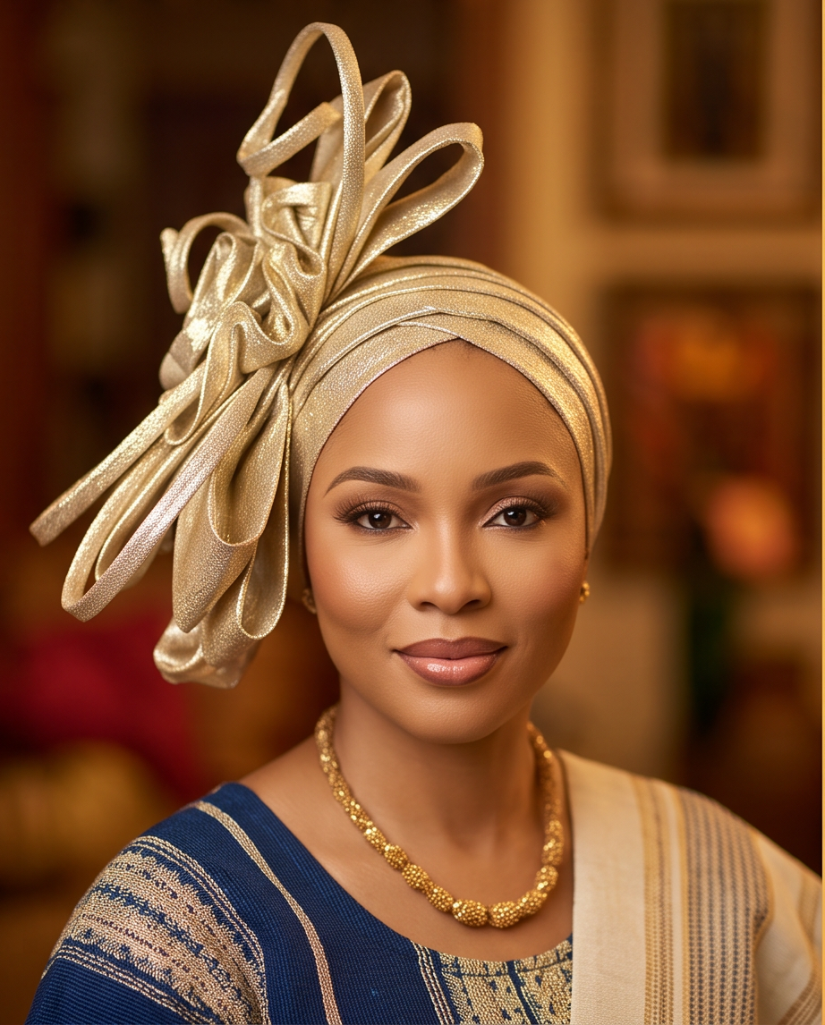 A woman wearing a metallic gold headwrap with a large decorative ribbon bow and a blue patterned top, photographed in a warm indoor setting.