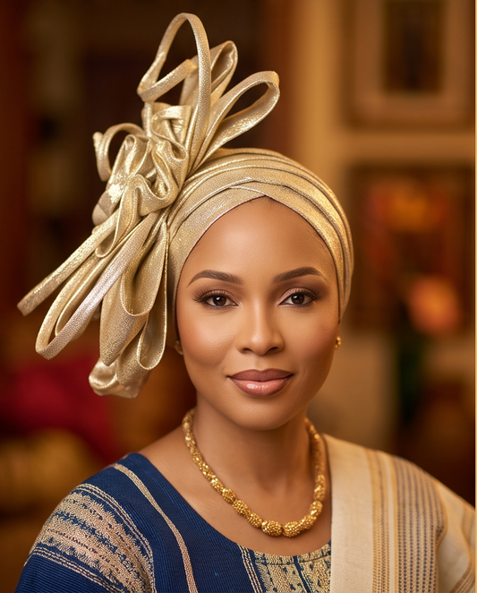 A woman wearing a metallic gold headwrap with a large decorative ribbon bow and a blue patterned top, photographed in a warm indoor setting.