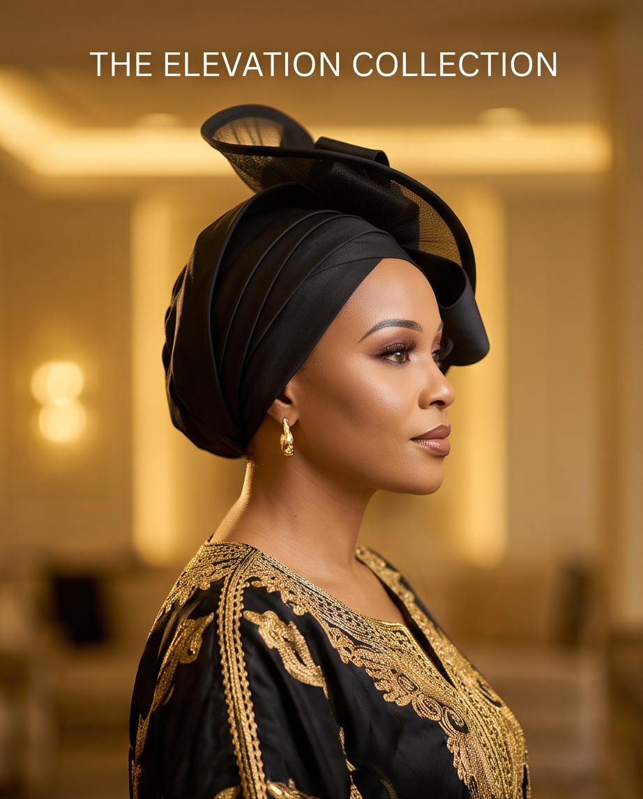A woman in profile wearing a black headwrap with a matching black fascinator hat and a black dress with ornate gold embroidery. The background is a softly blurred warm-toned indoor setting, and the text 'THE ELEVATION COLLECTION' appears at the top.